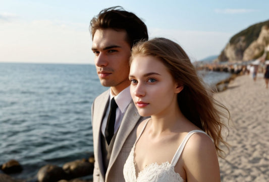 A man and a woman standing next to each other on a beach