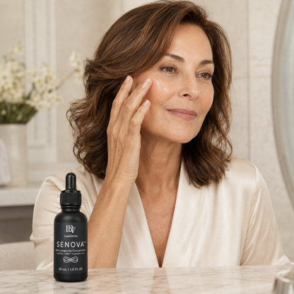 Woman applying SENOVA™ serum during her skincare ritual