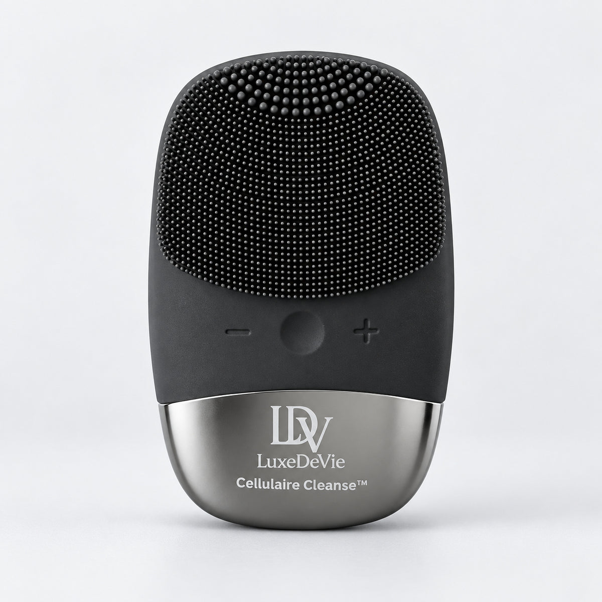 Front view of the black LuxeDeVie Cellulaire Cleanse Signature facial cleansing device with silicone bristles and silver-tone base.
