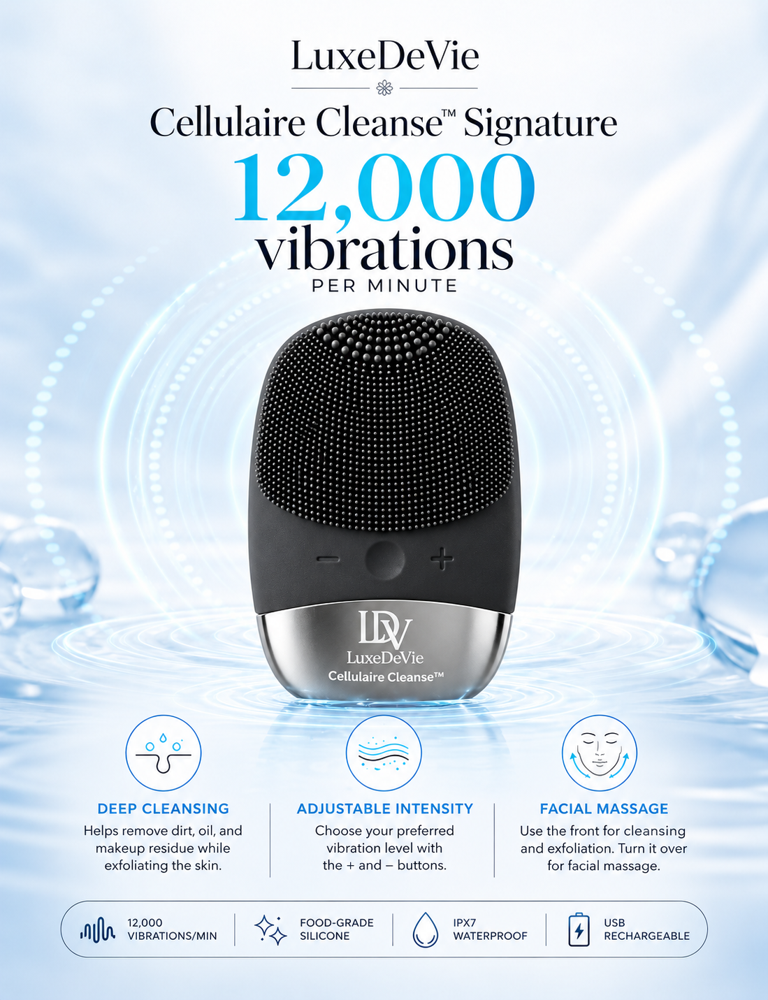 Cellulaire Cleanse Signature Noir facial cleansing device with 12,000 vibrations per minute, adjustable intensity, facial massage, food-grade silicone, IPX7 waterproofing and USB recharging.