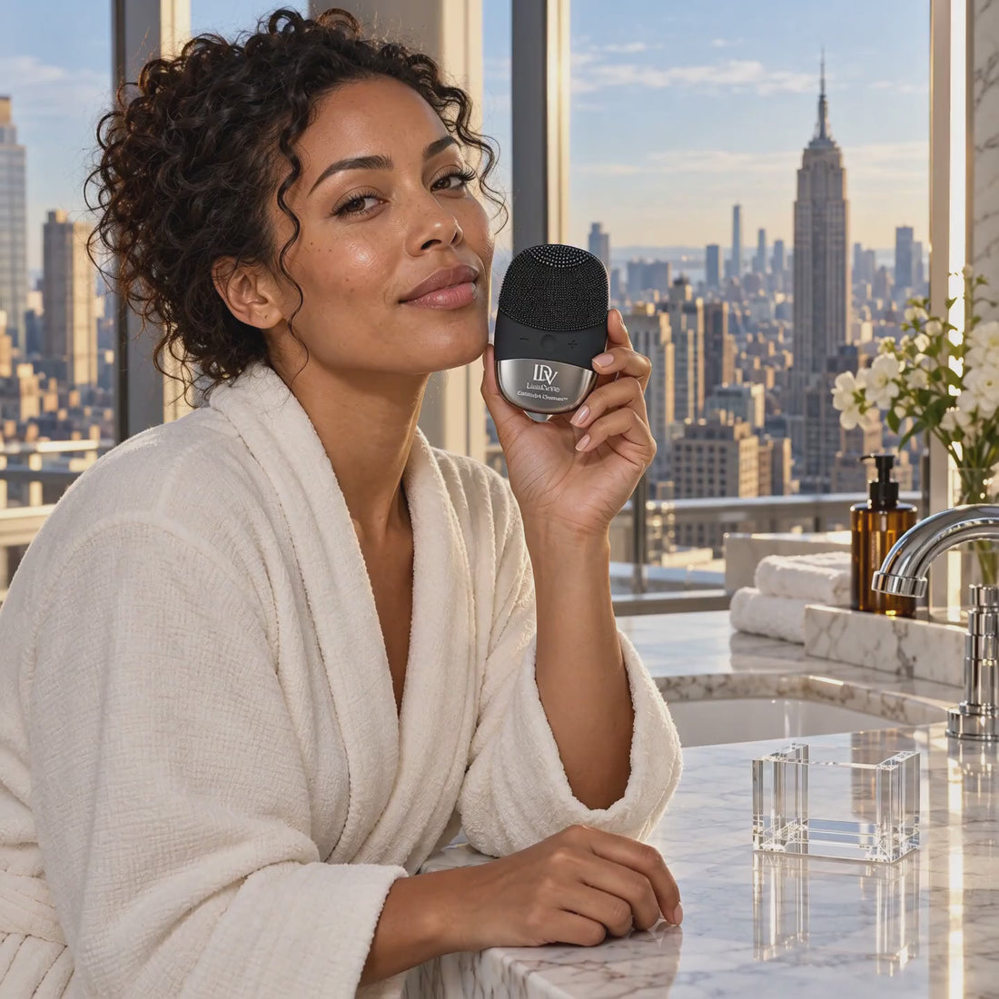 Cellulaire Cleanse Signature Noir cleansing ritual at a marble vanity overlooking Manhattan.